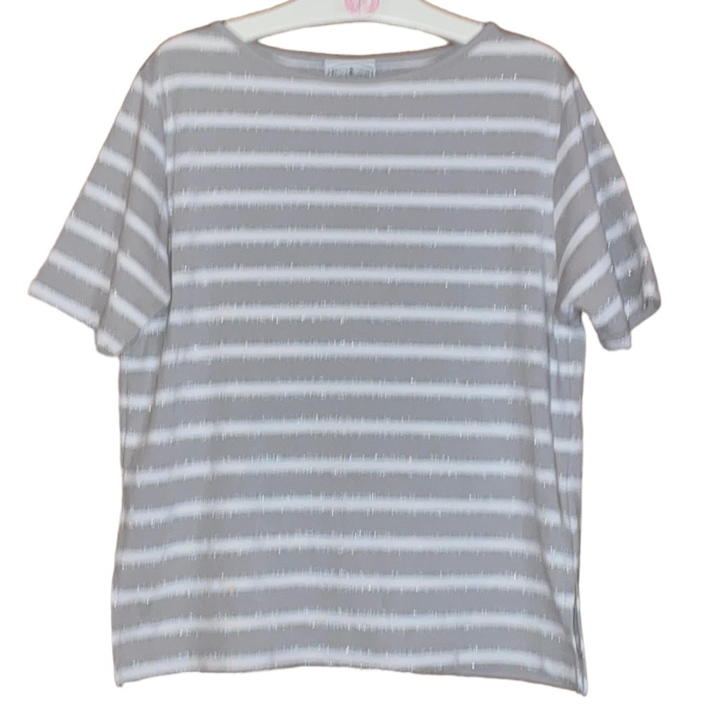 •PATCHINGTON•GRAY/WHITE/SILVER SPARKLY STRIPED TOP SIZE PETITE SMALL